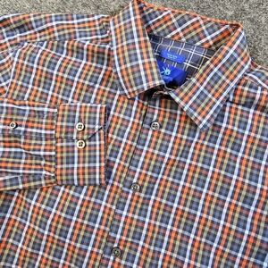 Egara Mens Slim Fit Large Plaid Shirt Stretch Non Iron Button Up Orange Blue